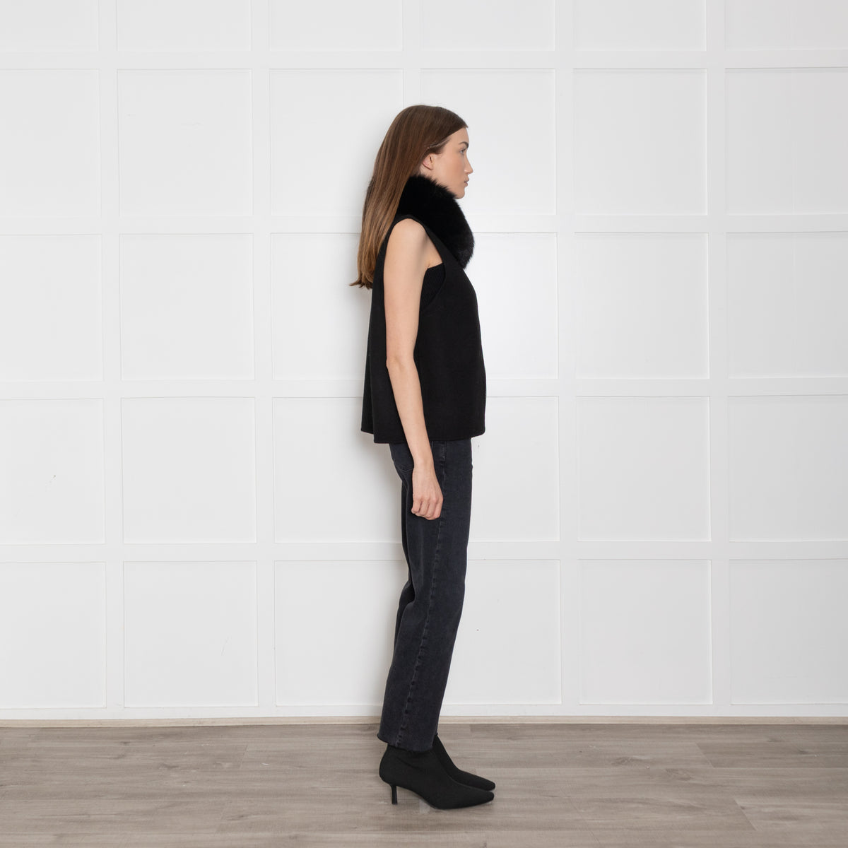 Max & Moi Black Wool Gilet With Blue Fox Collar