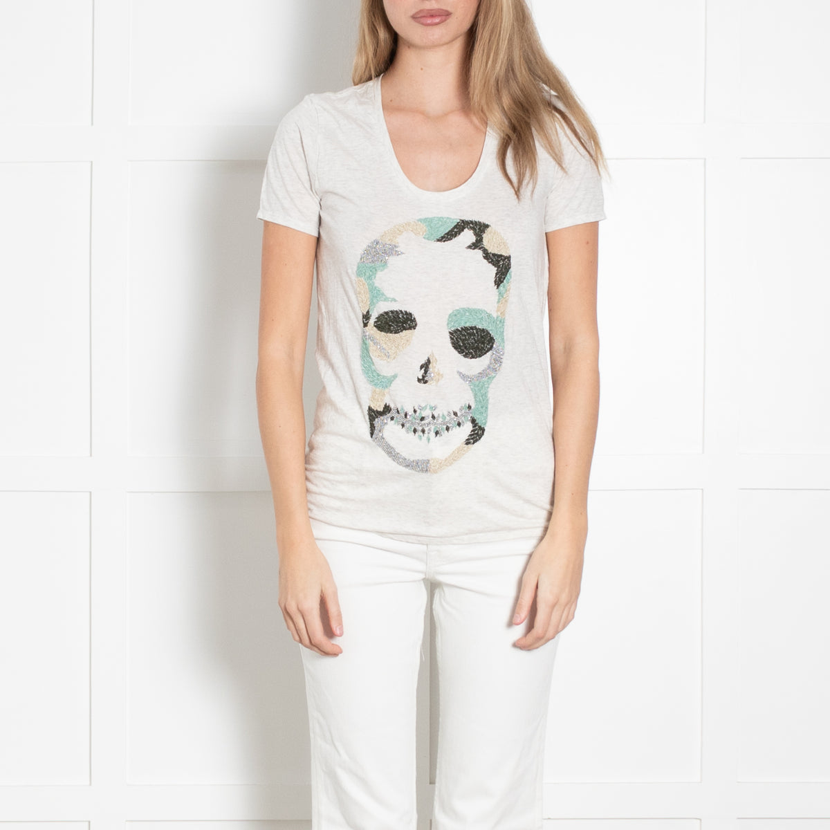 Zadig & Voltaire Preloved Pale Grey Beaded Skull T-Shirt