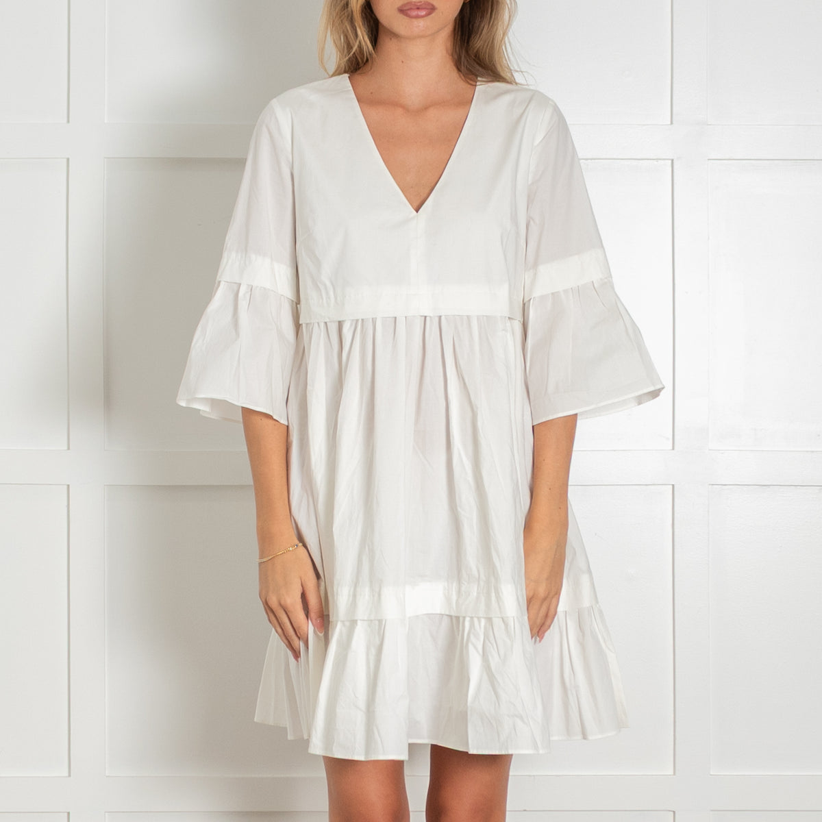 Twinset White Cotton Short Frill Abito Dress