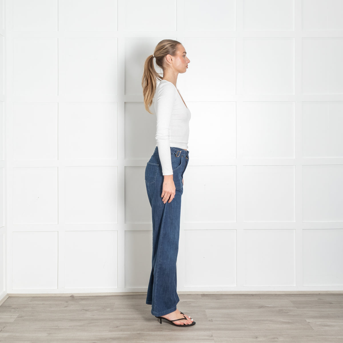 Ida Blue High Waisted Front Pocket Detail Wide Leg Jeans