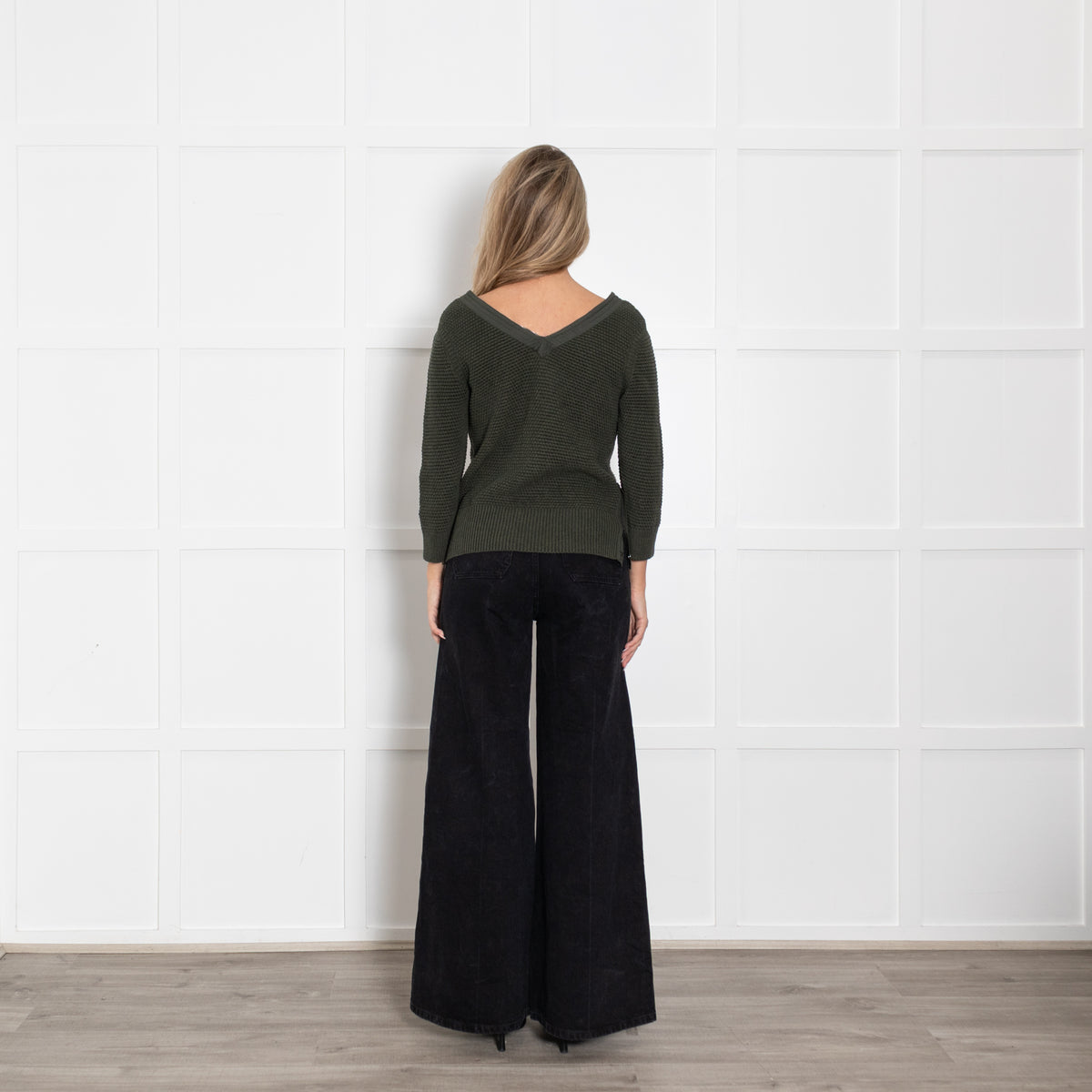 Chloe Khaki Cotton Knit V-Neck Top