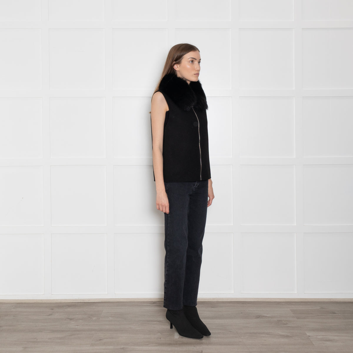 Max & Moi Black Wool Gilet With Blue Fox Collar