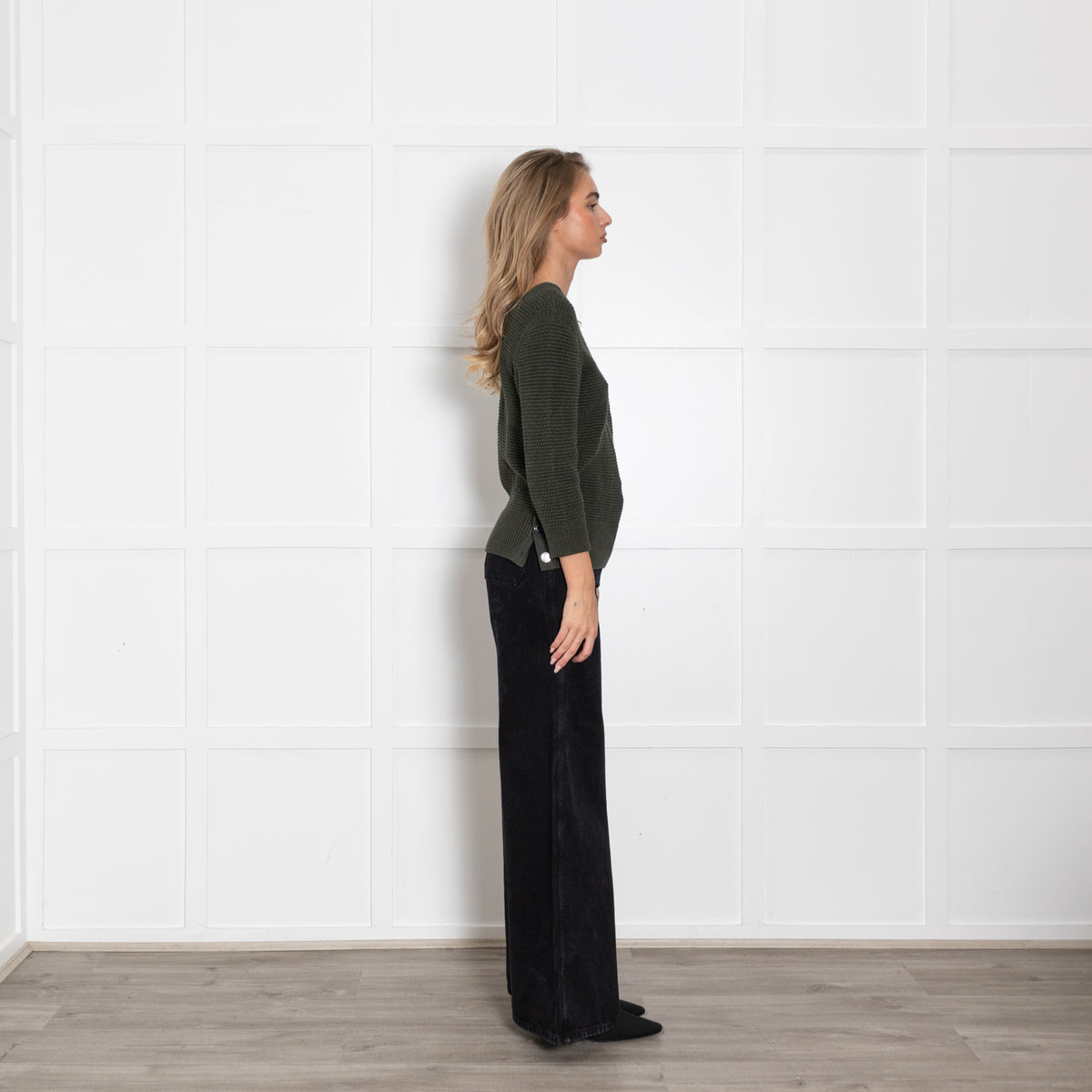 Chloe Khaki Cotton Knit V-Neck Top