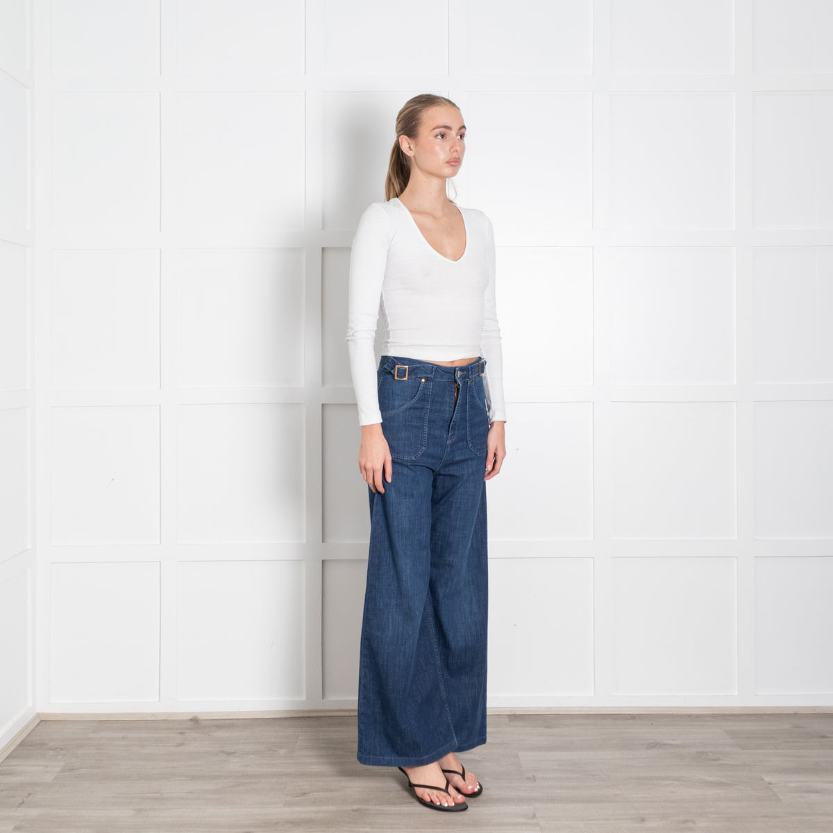 Ida Blue High Waisted Front Pocket Detail Wide Leg Jeans