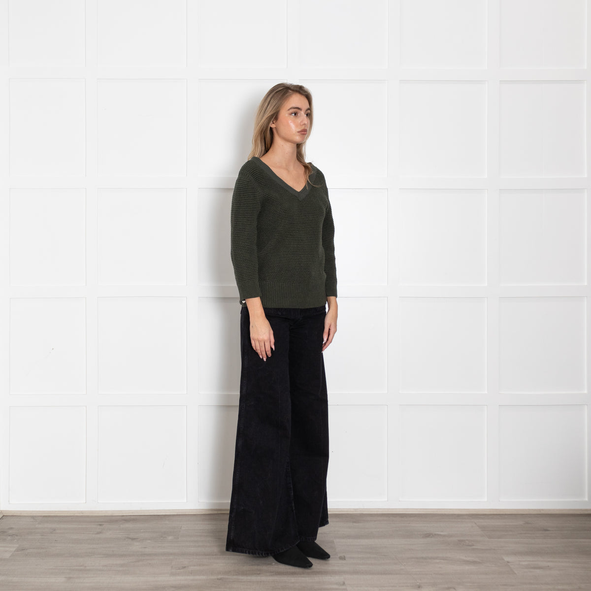 Chloe Khaki Cotton Knit V-Neck Top