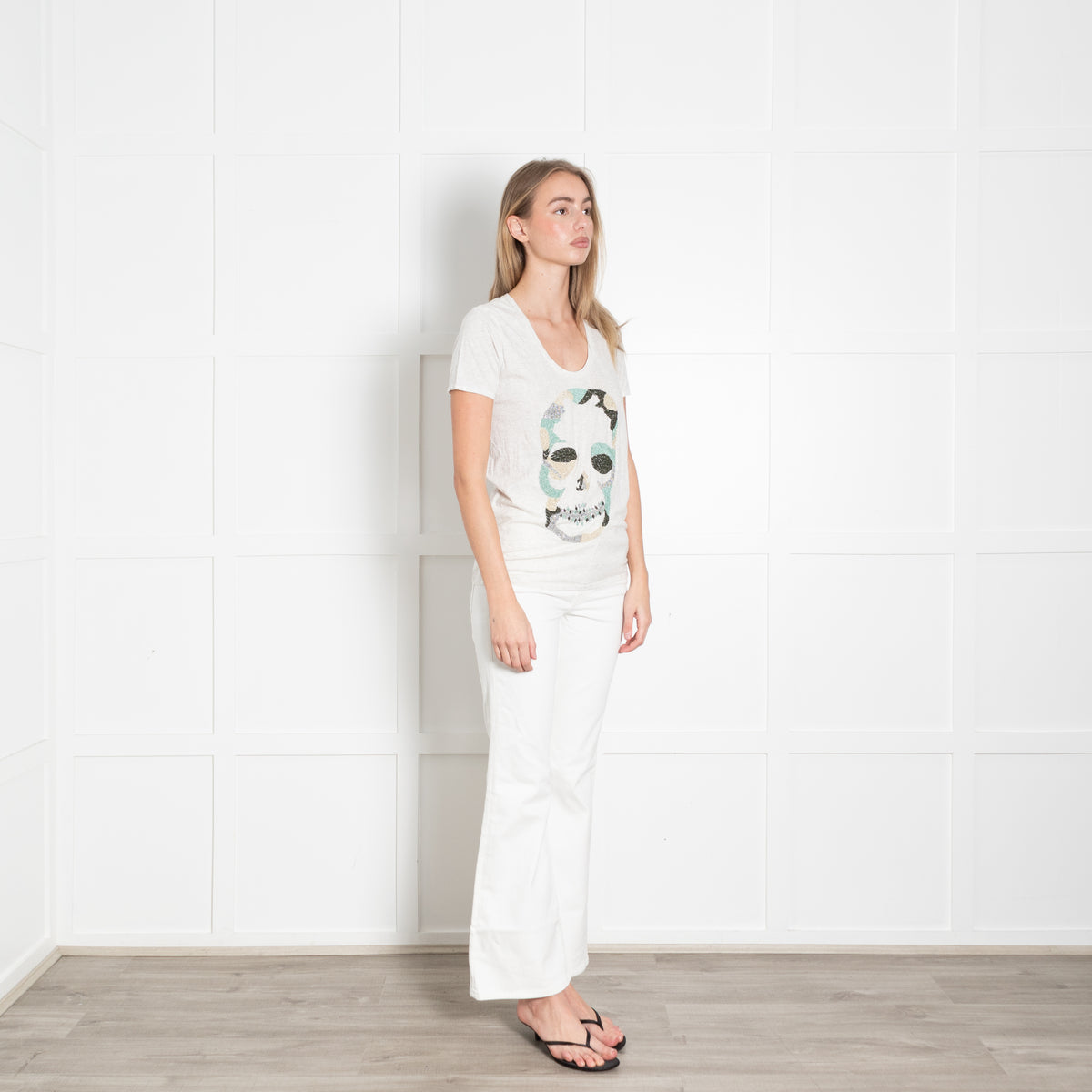 Zadig & Voltaire Preloved Pale Grey Beaded Skull T-Shirt