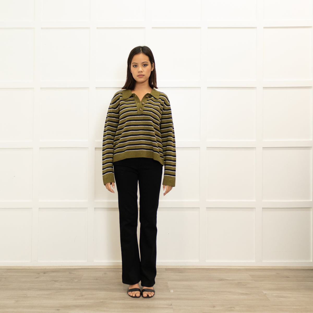 Baum Und Pferdgarten Khaki Black Striped Merino Wool Sweater