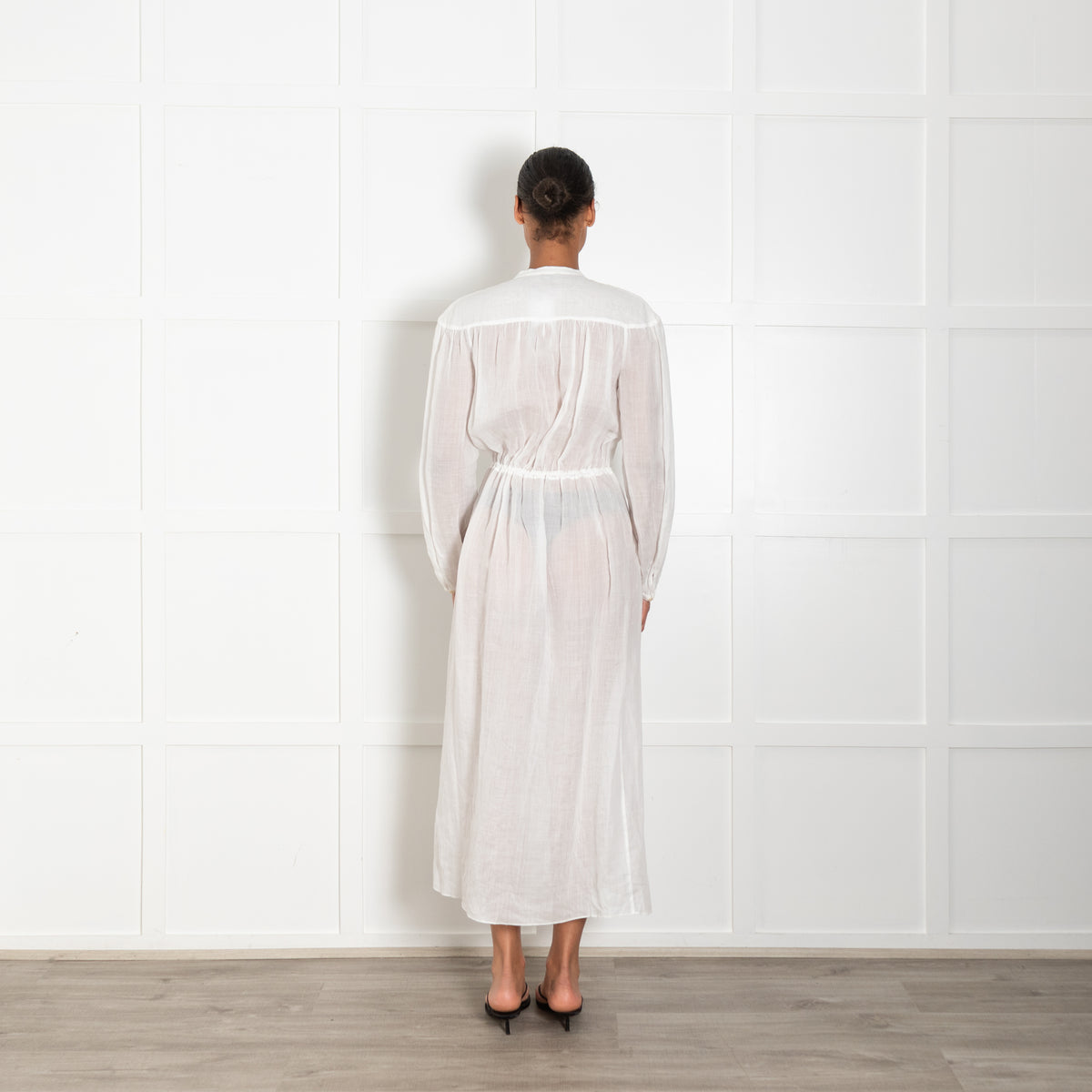 Three Graces White Ramie Sheer Maxi Shirt Dress With Drawstring Waist