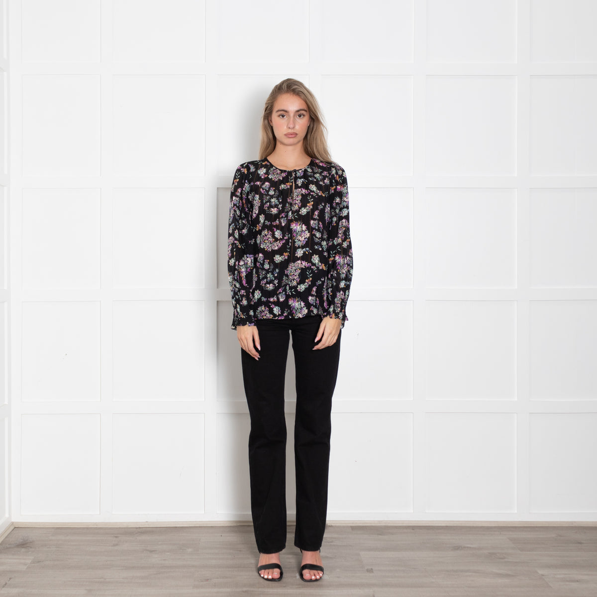 Rebecca Taylor Black Floral Print Blouse with Elasticated Cuffs