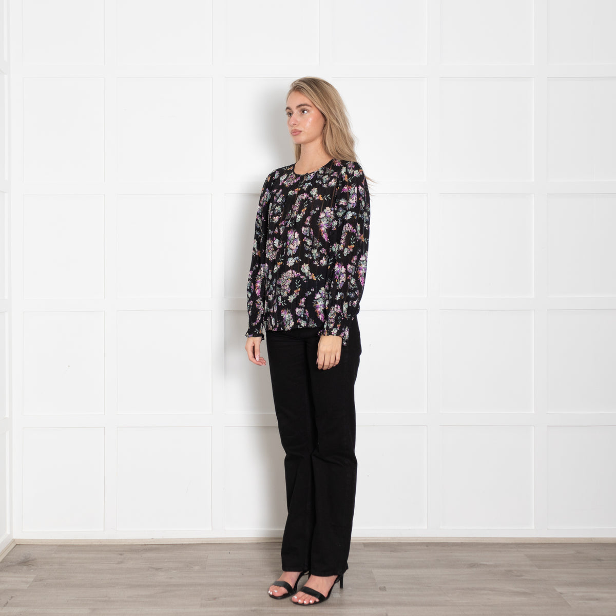 Rebecca Taylor Black Floral Print Blouse with Elasticated Cuffs