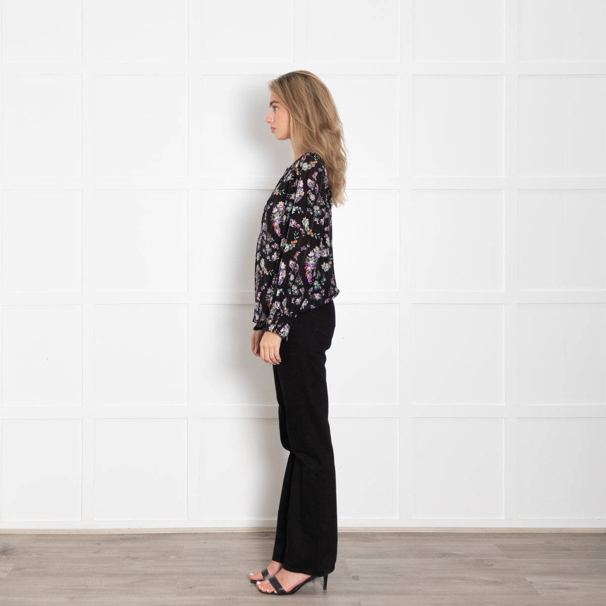 Rebecca Taylor Black Floral Print Blouse with Elasticated Cuffs