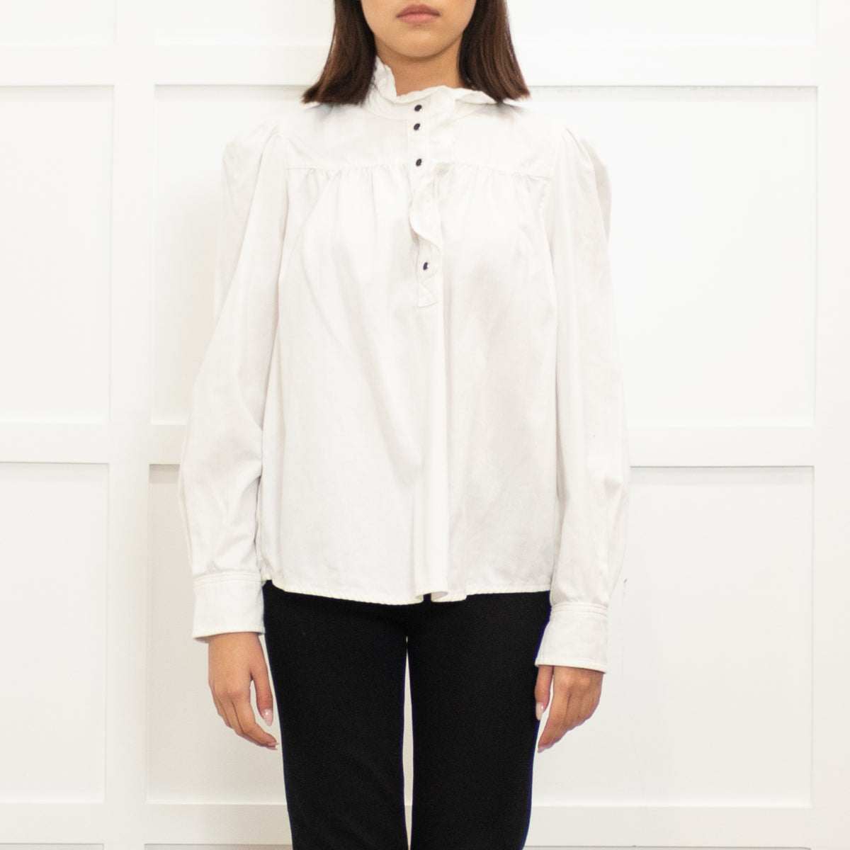 Ba&SH Cream Cotton Frill Trim Long Sleeve Top