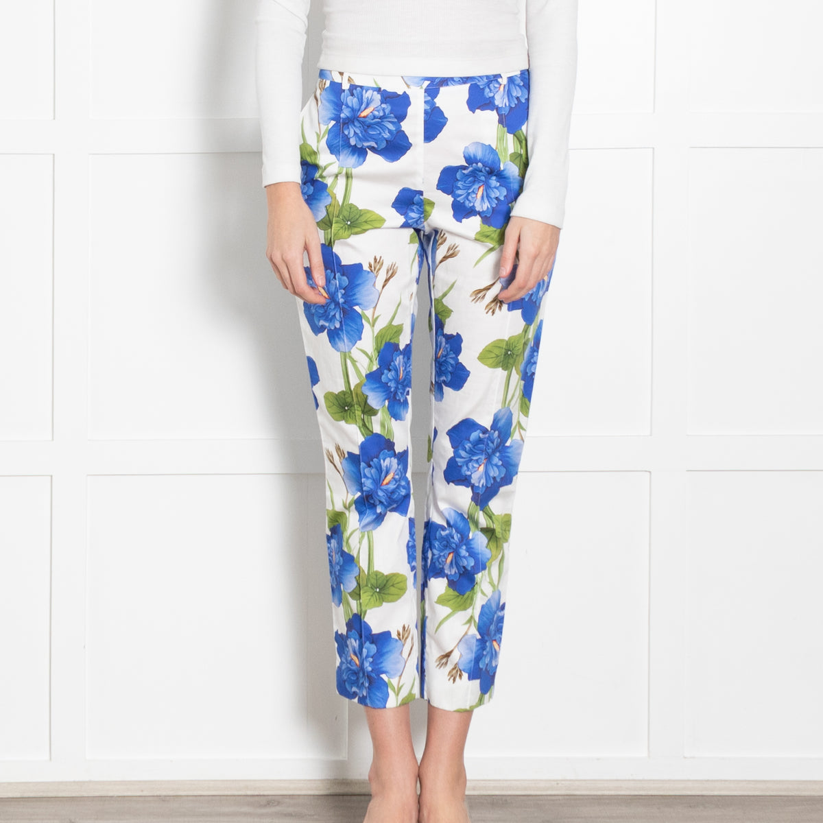 Borgo De Nor White With Blue Flowers Tailored Trousers