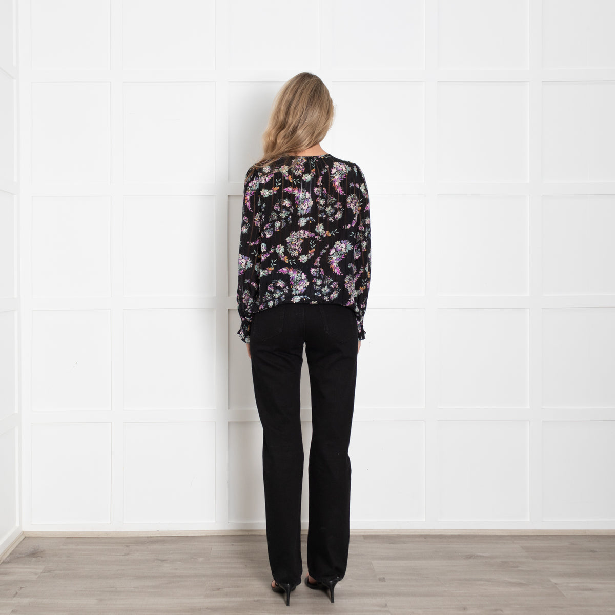 Rebecca Taylor Black Floral Print Blouse with Elasticated Cuffs