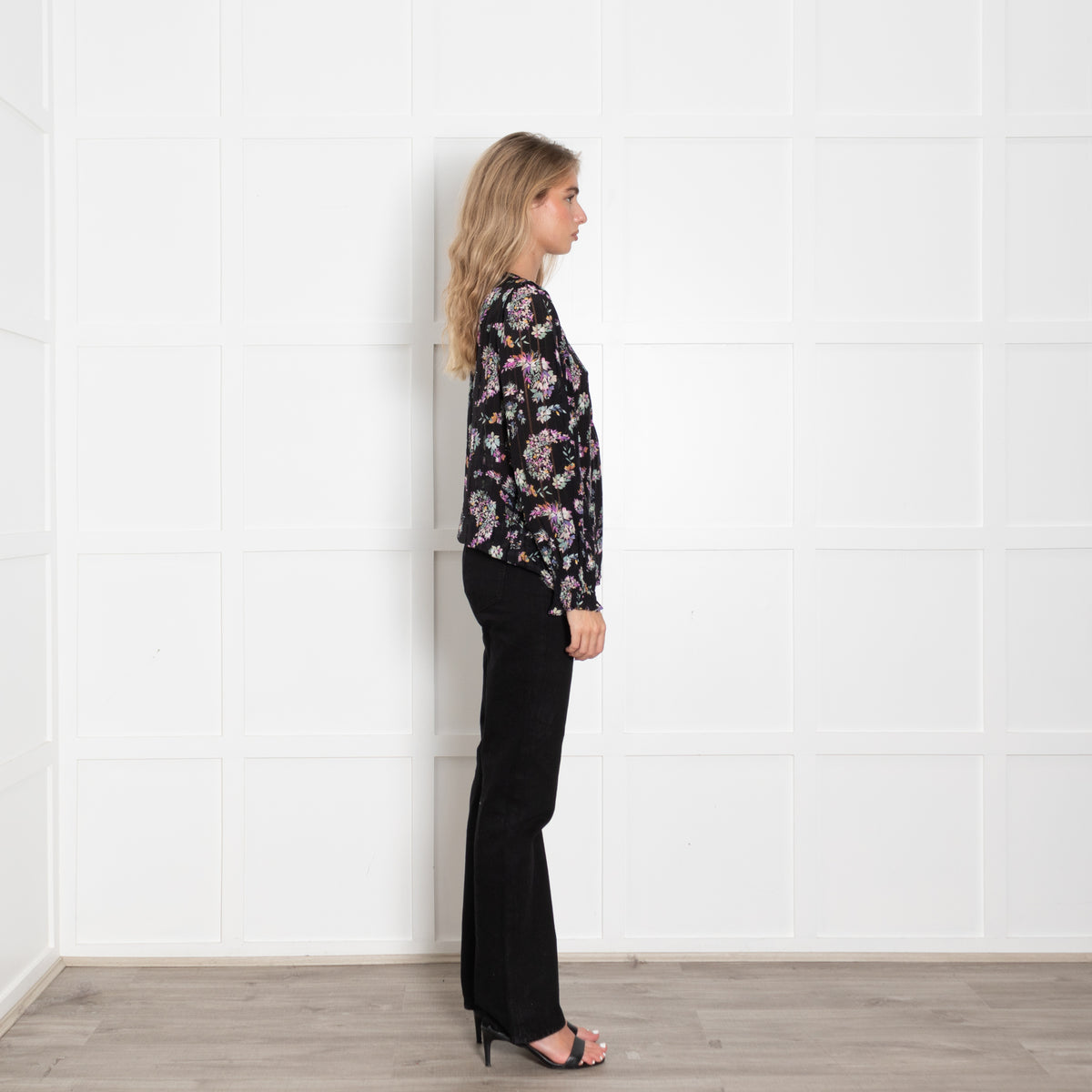 Rebecca Taylor Black Floral Print Blouse with Elasticated Cuffs