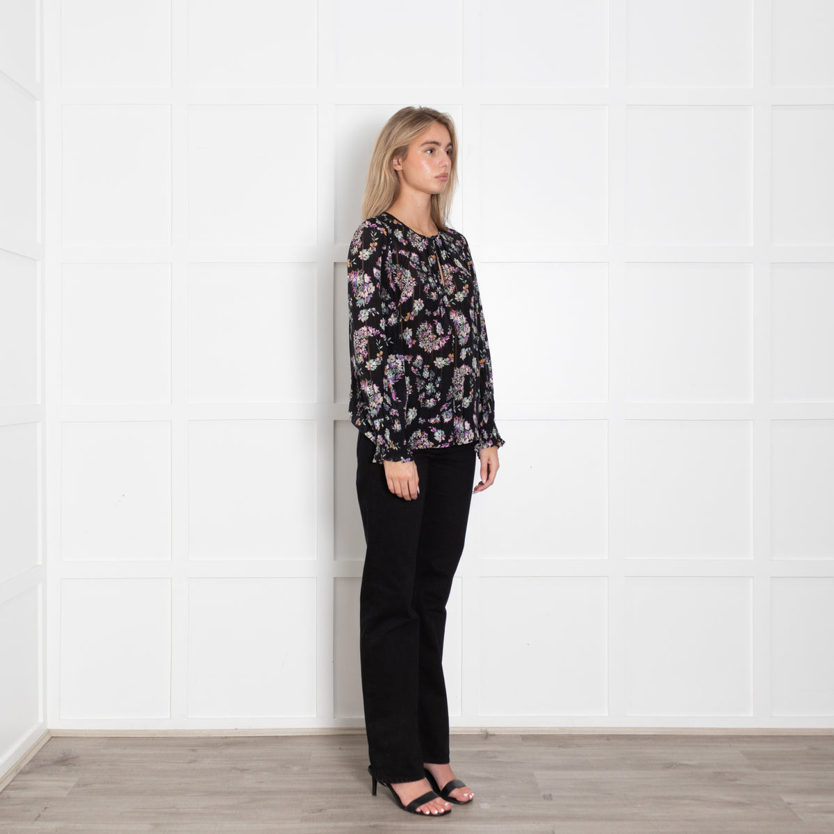 Rebecca Taylor Black Floral Print Blouse with Elasticated Cuffs