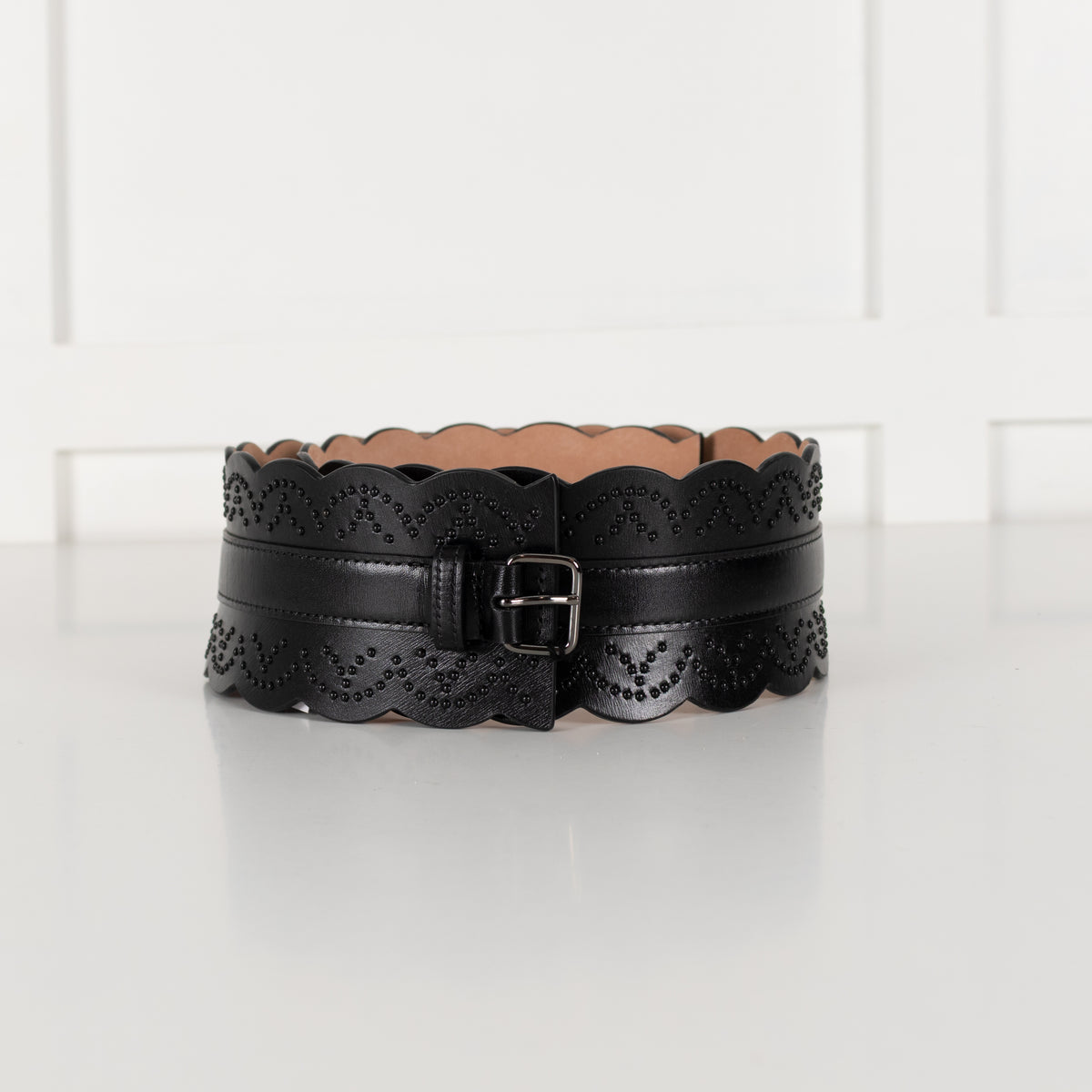 Alaia Black Leather Scallop Trim Corset Belt