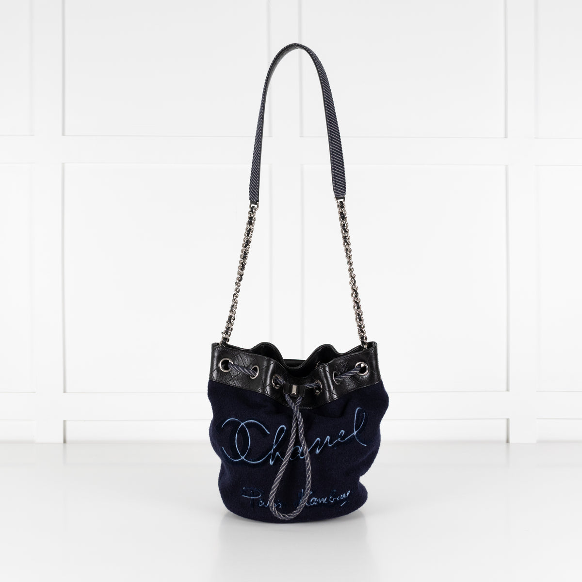 Chanel Navy Felt Black Leather Trim Paris Hamburg Bucket Bag