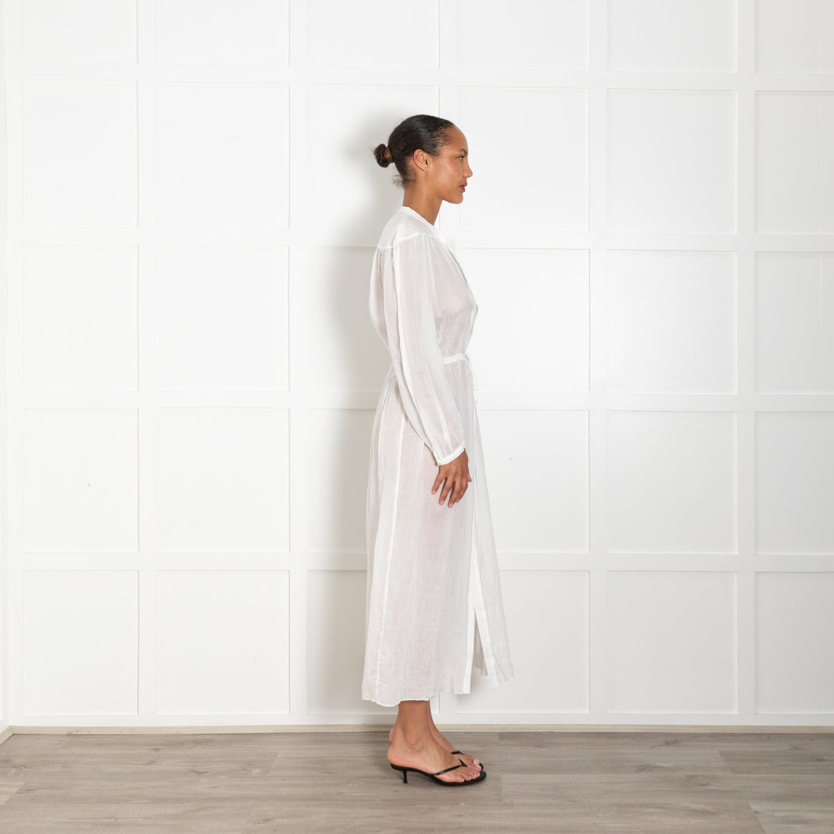 Three Graces White Ramie Sheer Maxi Shirt Dress With Drawstring Waist