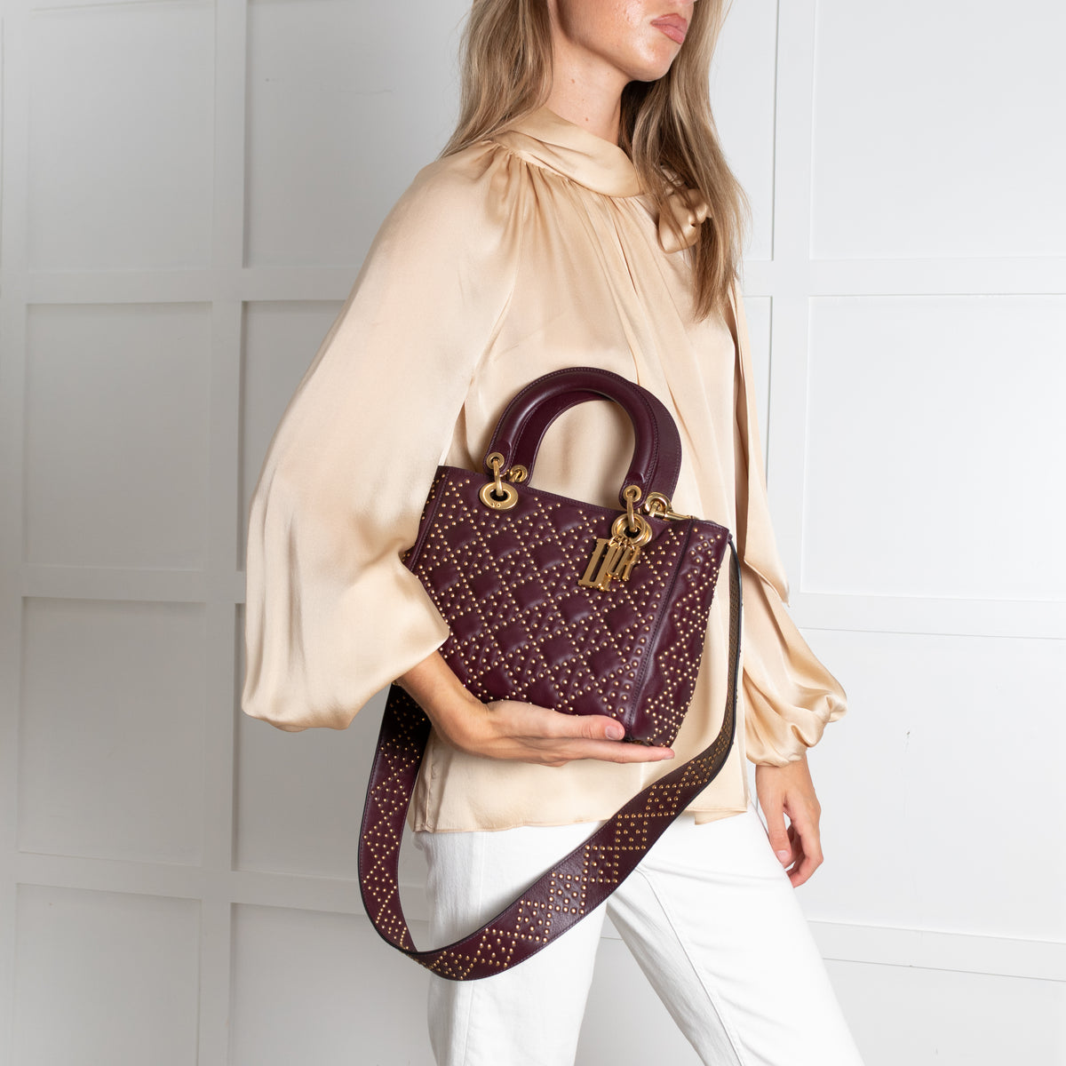 Dior Burgundy Gold Studded Leather Lady Dior
