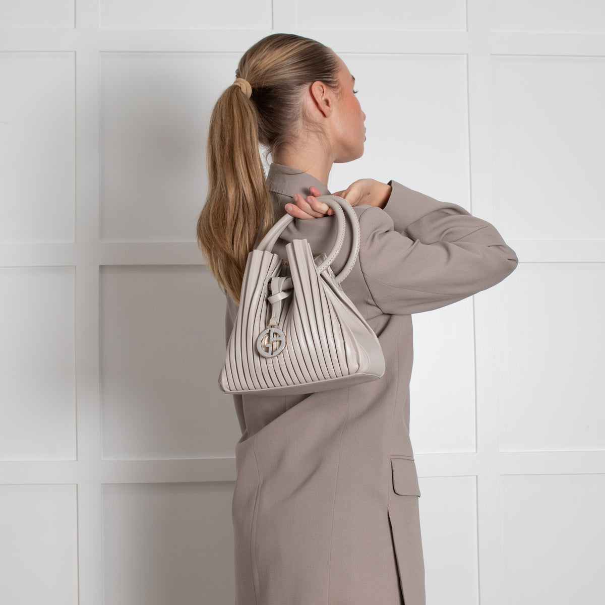 Giorgio Armani Light Grey Pleated Leather Bucket Bag
