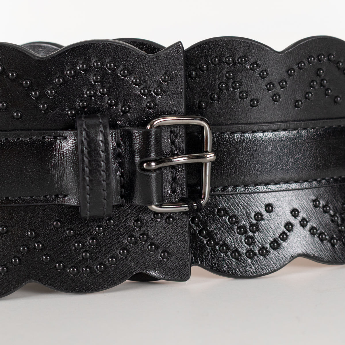 Alaia Black Leather Scallop Trim Corset Belt
