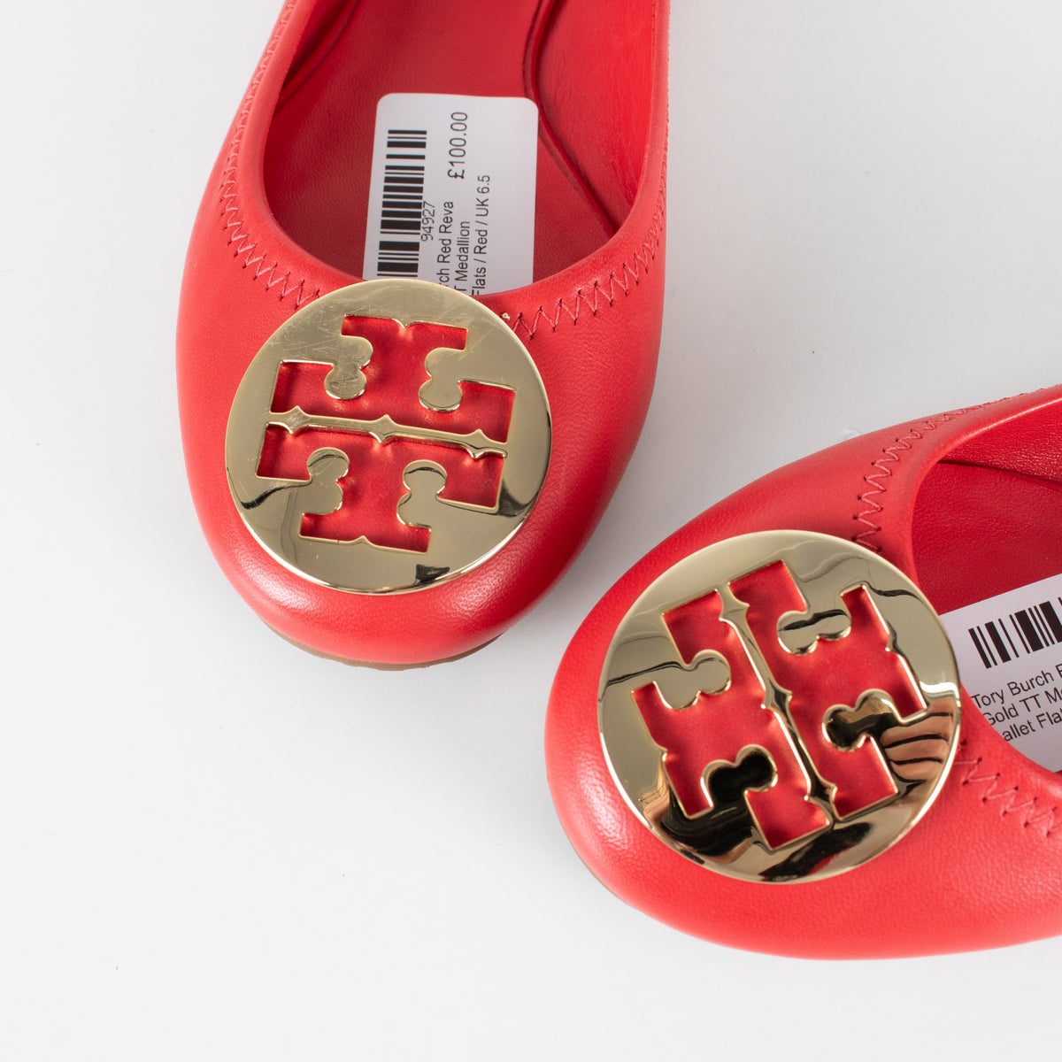 Tory Burch Red Reva Gold TT Medallion Ballet Flats