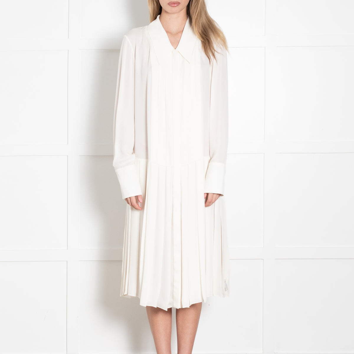 Khaite Cream Silk Pleated Long Sleeve Dress