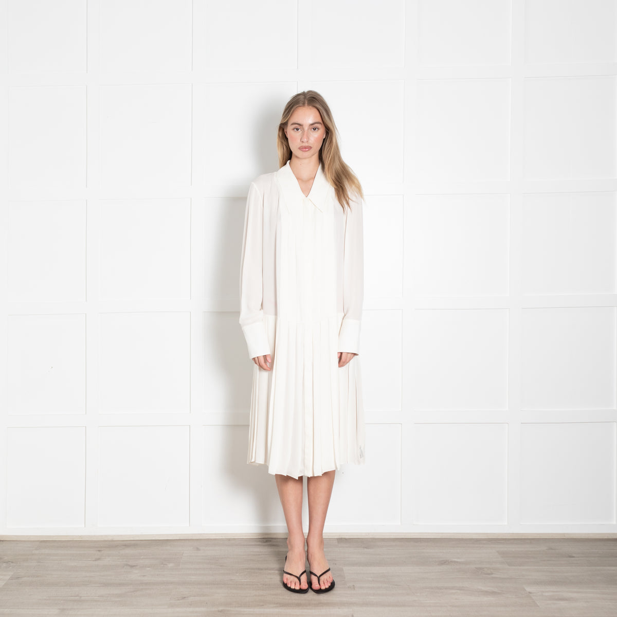 Khaite Cream Silk Pleated Long Sleeve Dress
