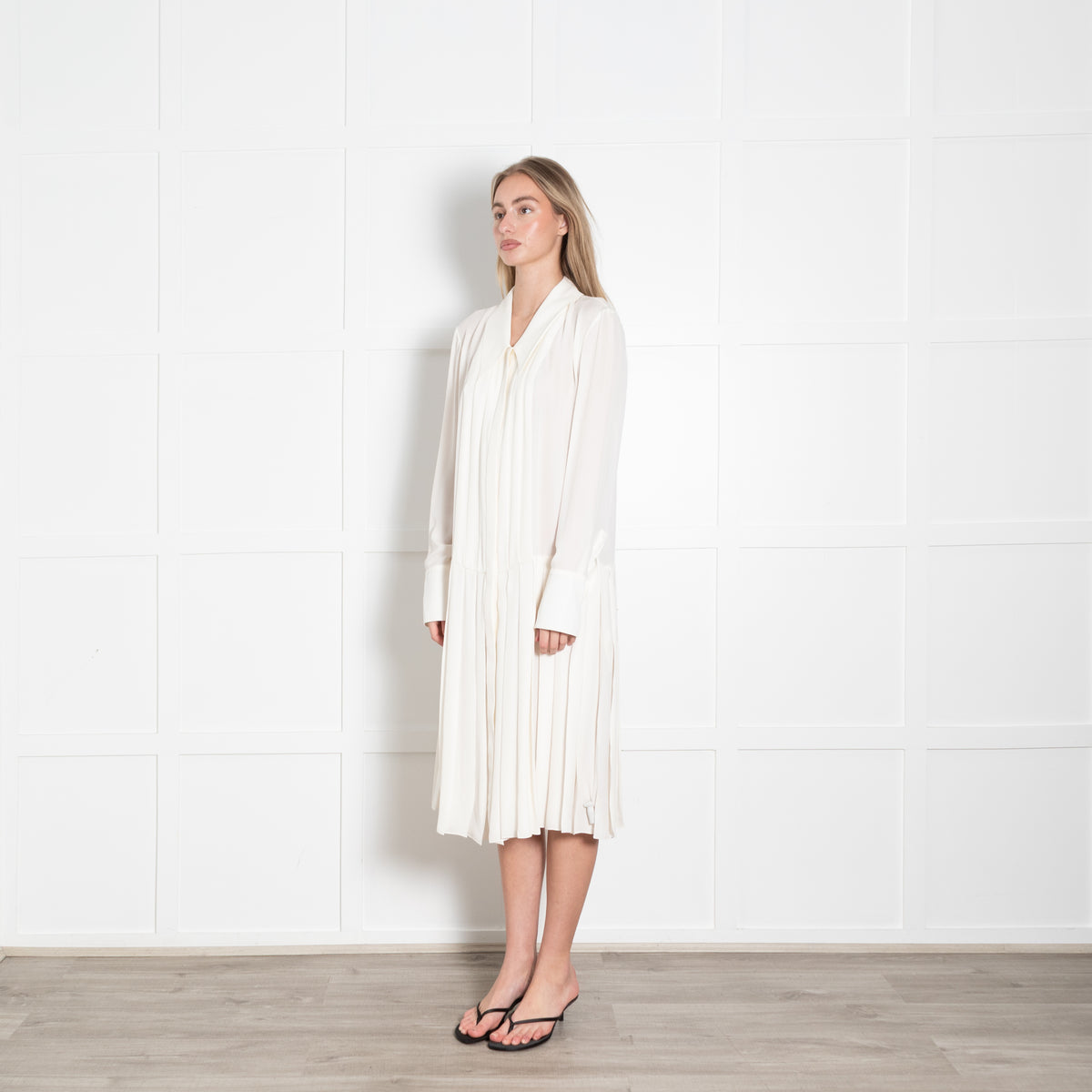 Khaite Cream Silk Pleated Long Sleeve Dress