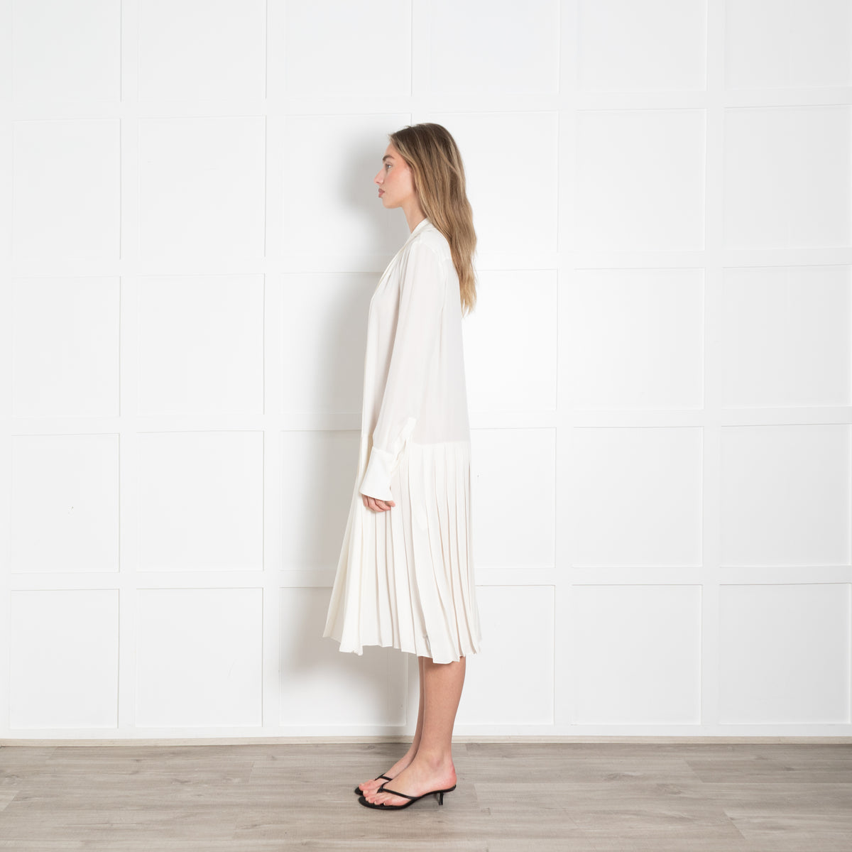 Khaite Cream Silk Pleated Long Sleeve Dress