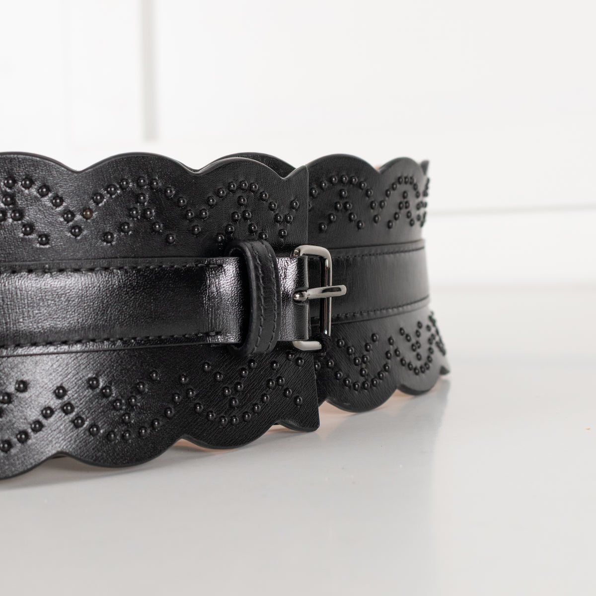 Alaia Black Leather Scallop Trim Corset Belt