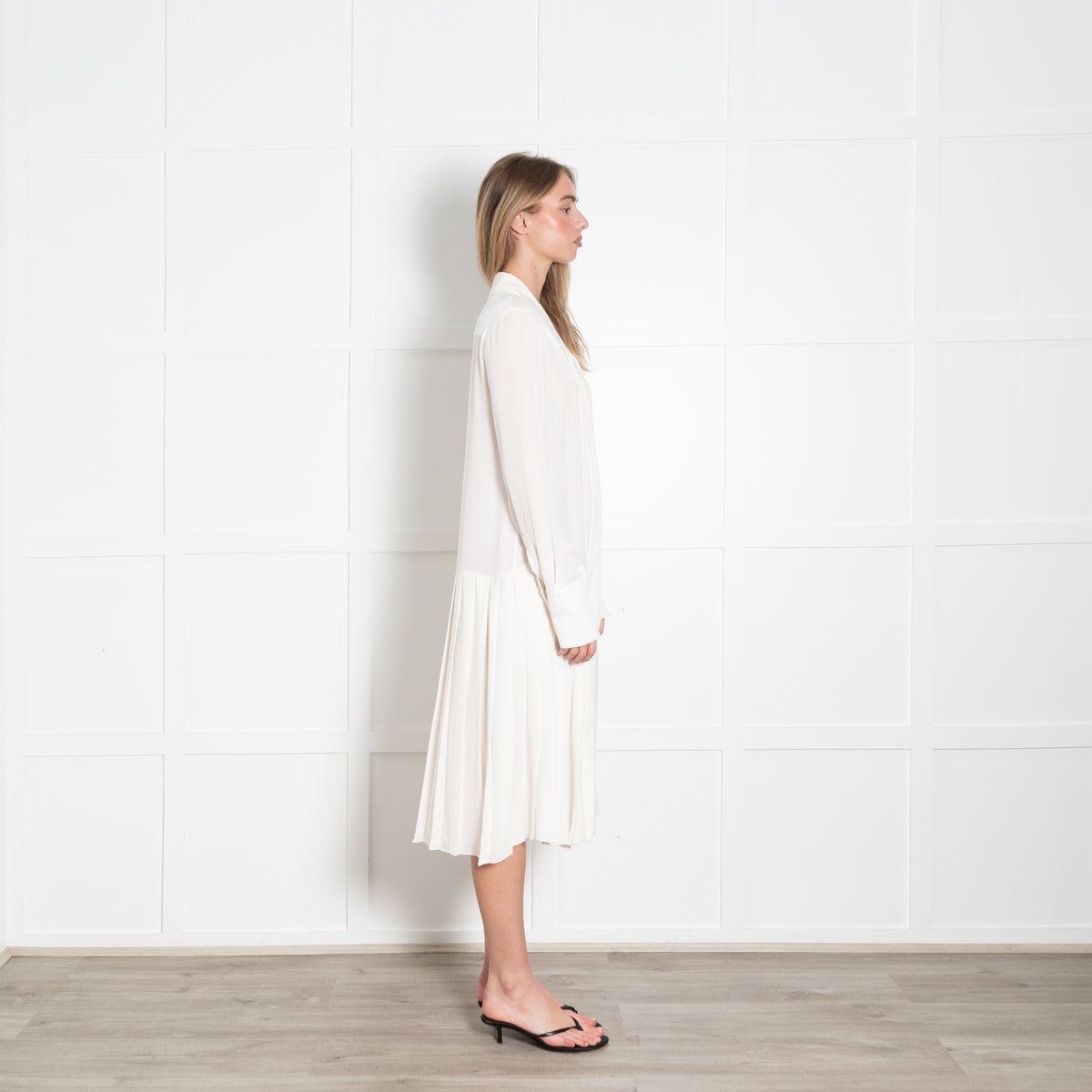 Khaite Cream Silk Pleated Long Sleeve Dress