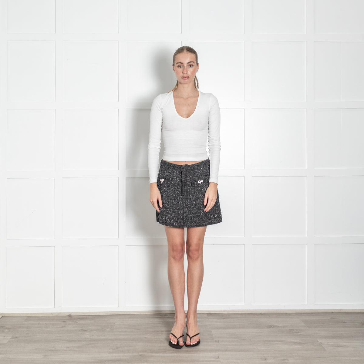 Self- Portrait Grey Textured Silver Bow Detail Mini Skirt