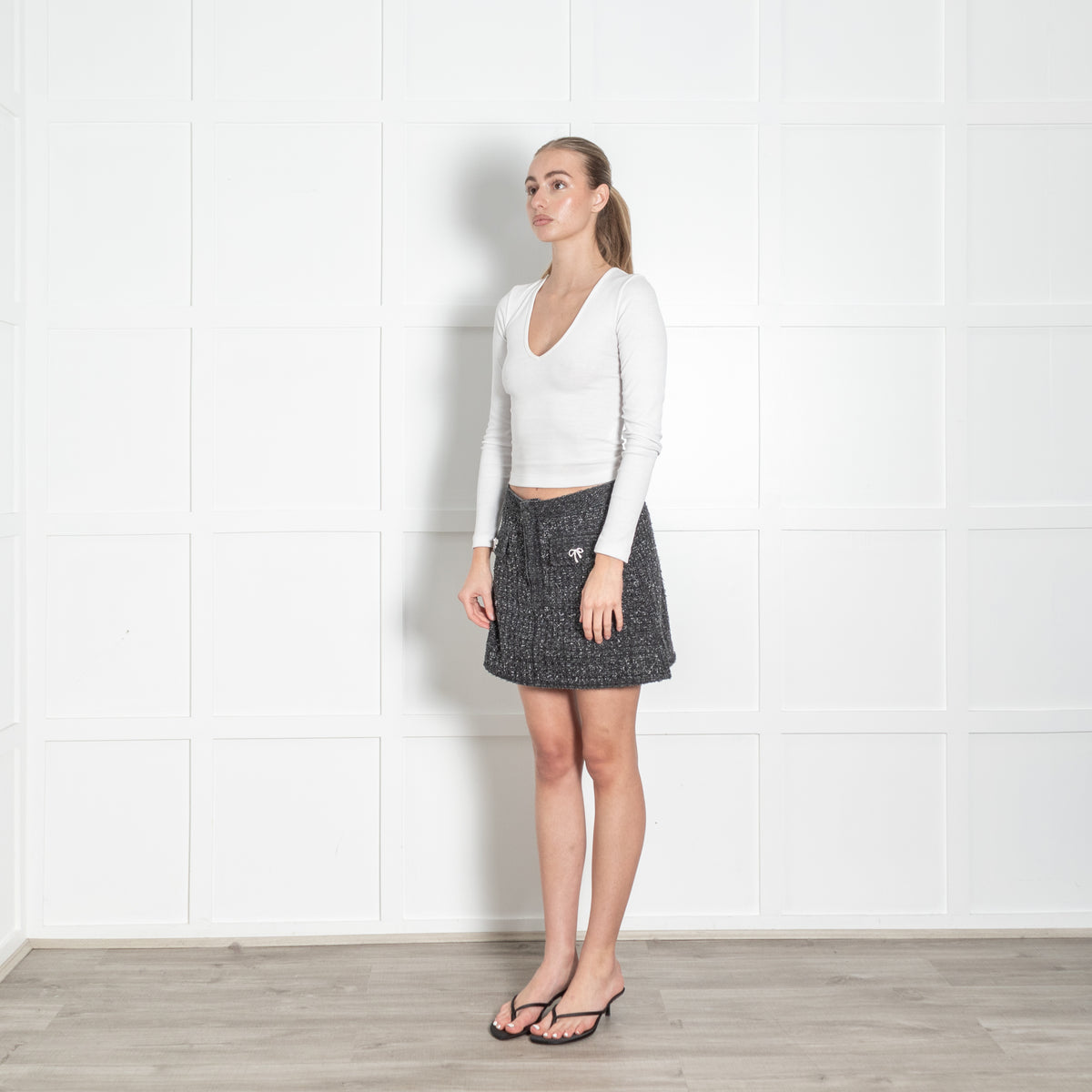 Self- Portrait Grey Textured Silver Bow Detail Mini Skirt