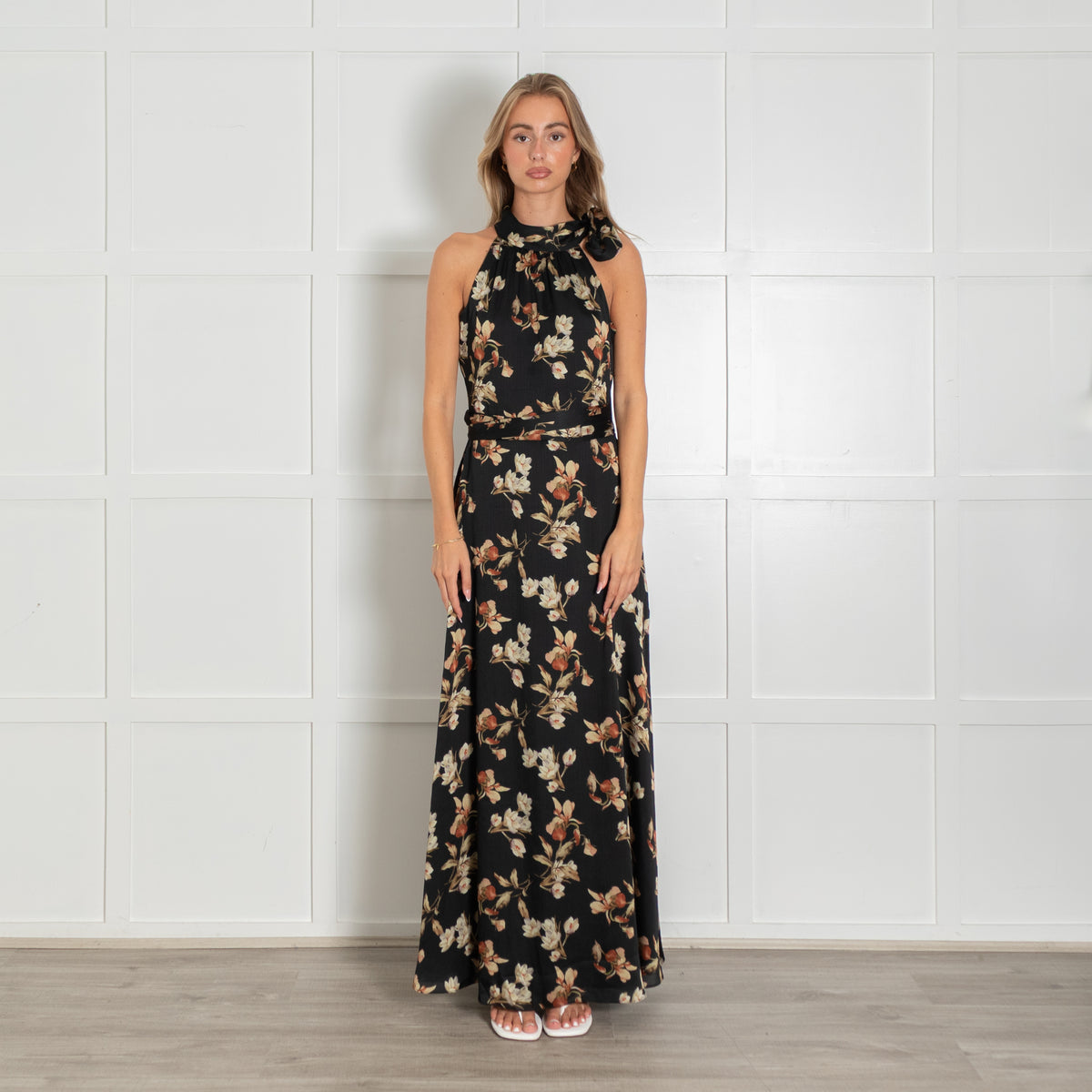 Sachin & Babi Black Floral Satin Marta Gown