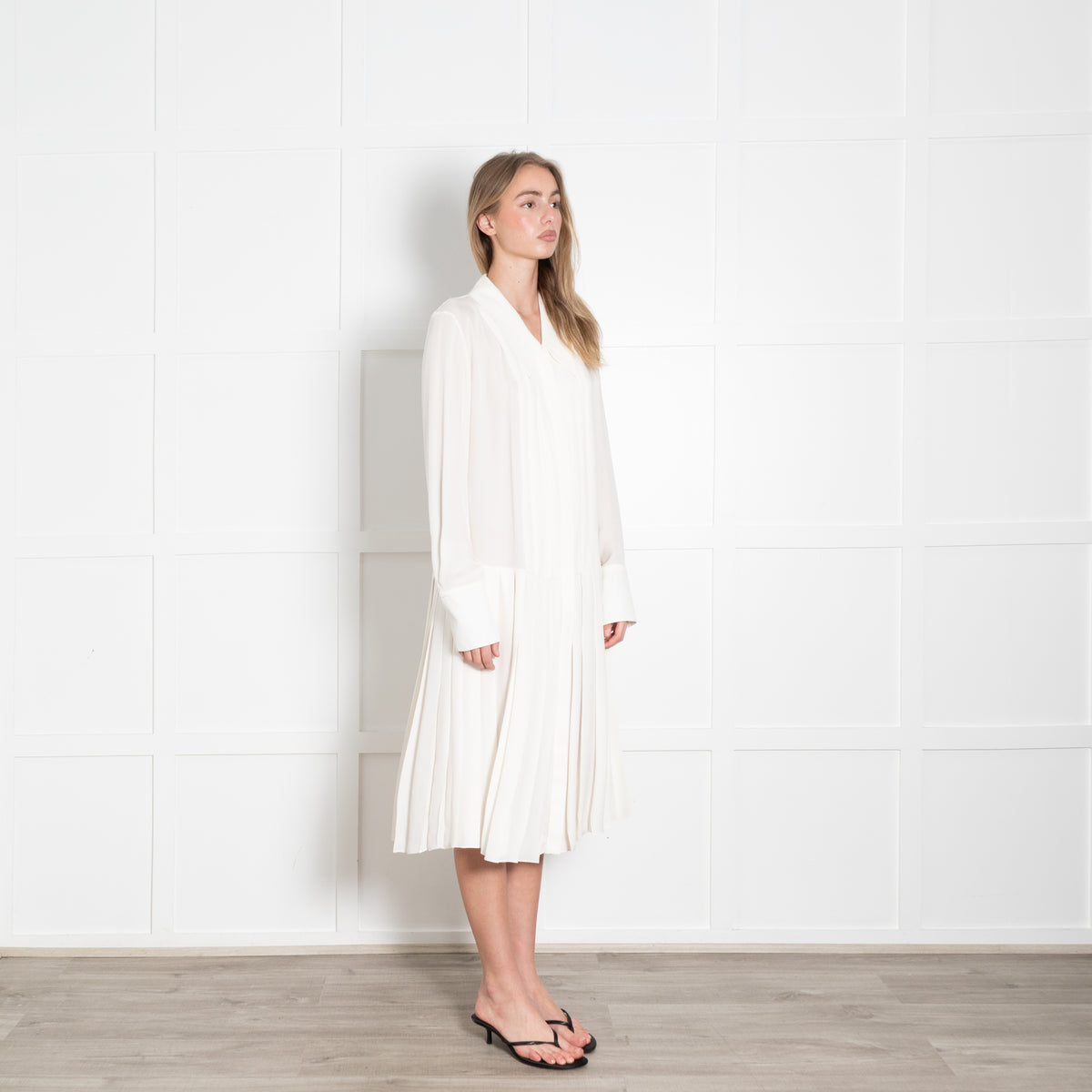 Khaite Cream Silk Pleated Long Sleeve Dress