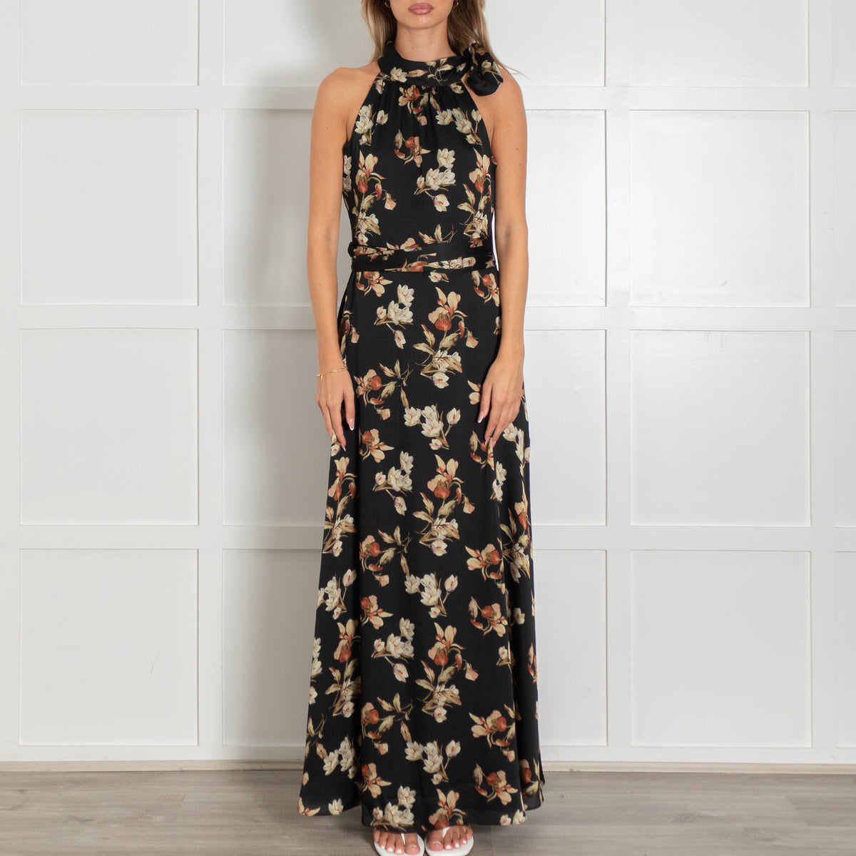 Sachin & Babi Black Floral Satin Marta Gown