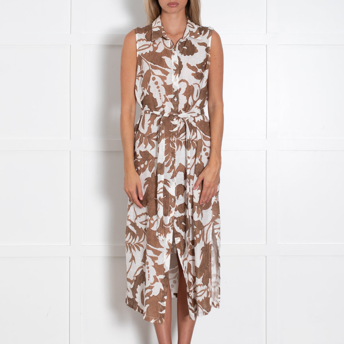 120% Lino Cream and Tan Sleeveless Floral Shirt Dress