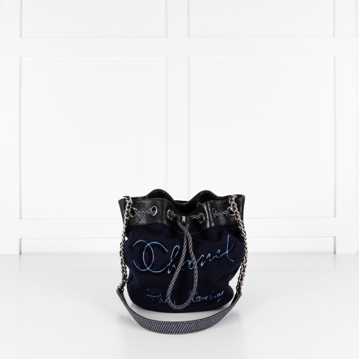 Chanel Navy Felt Black Leather Trim Paris Hamburg Bucket Bag