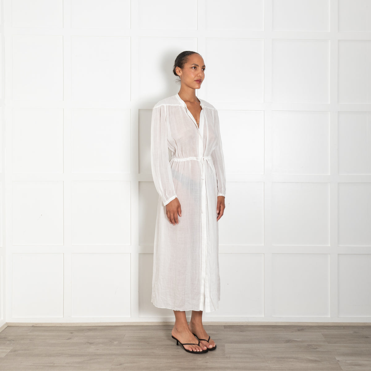 Three Graces White Ramie Sheer Maxi Shirt Dress With Drawstring Waist