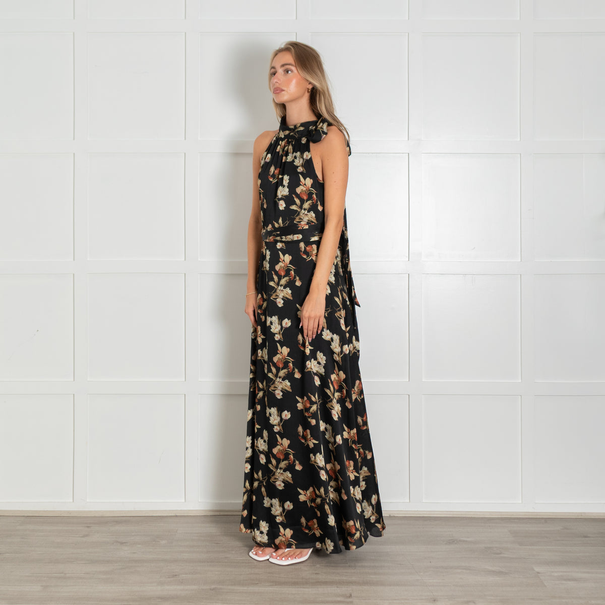Sachin & Babi Black Floral Satin Marta Gown