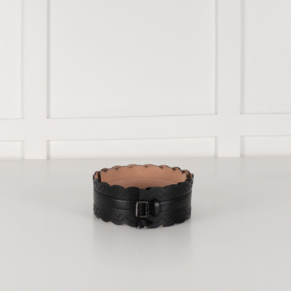 Alaia Black Leather Scallop Trim Corset Belt