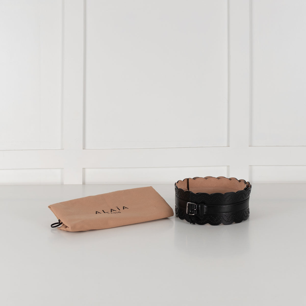Alaia Black Leather Scallop Trim Corset Belt