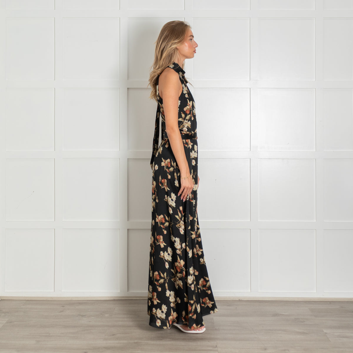 Sachin & Babi Black Floral Satin Marta Gown