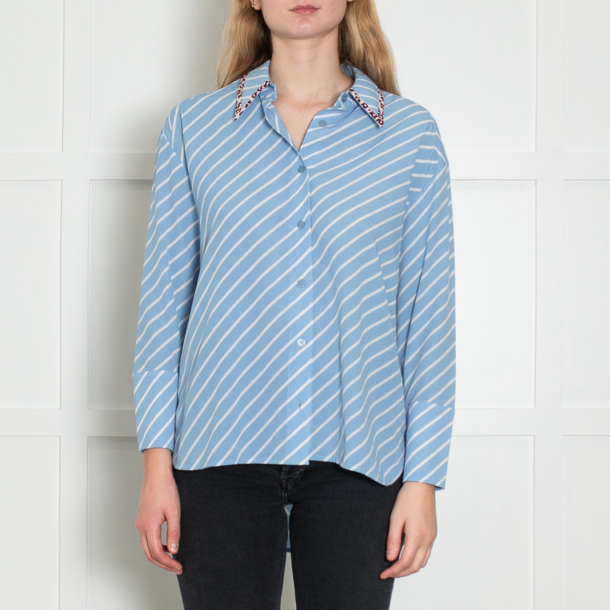 Essentiel Antwerp Blue Stripe Leopard Trim Shirt