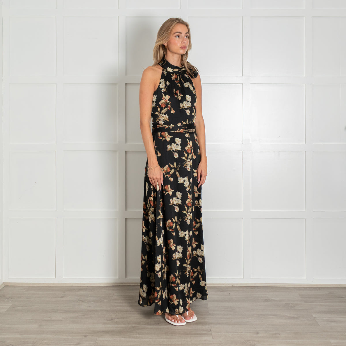 Sachin & Babi Black Floral Satin Marta Gown