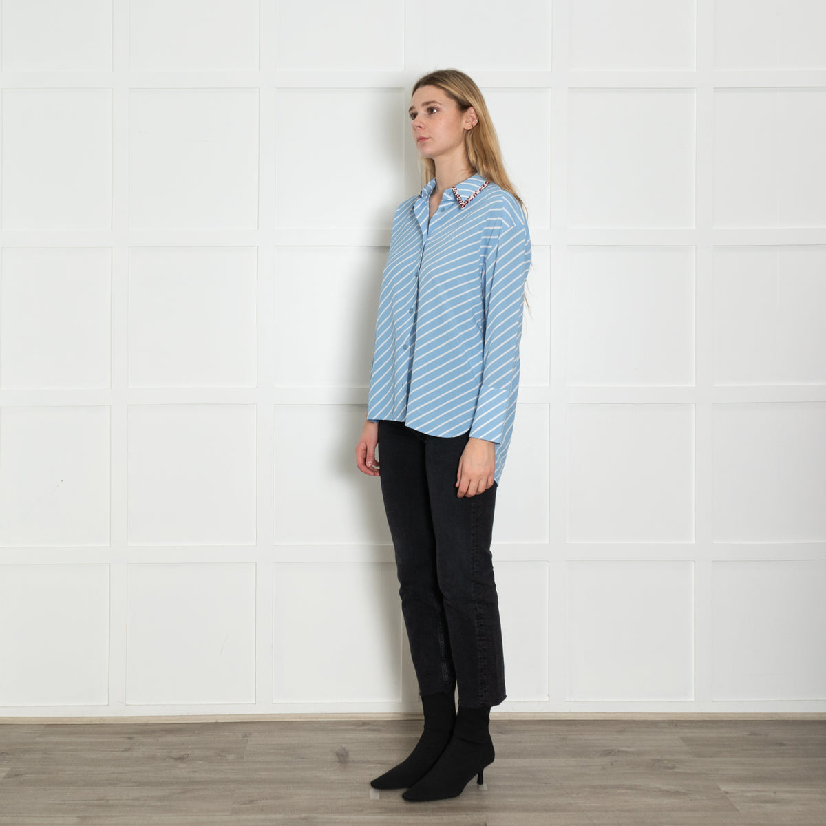 Essentiel Antwerp Blue Stripe Leopard Trim Shirt