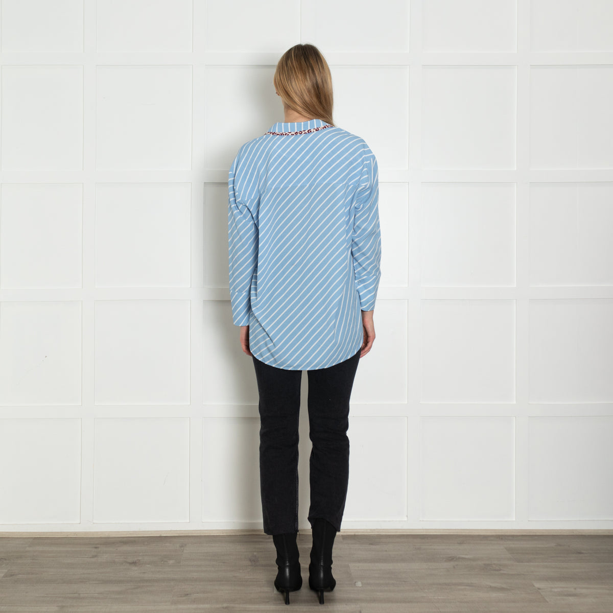 Essentiel Antwerp Blue Stripe Leopard Trim Shirt