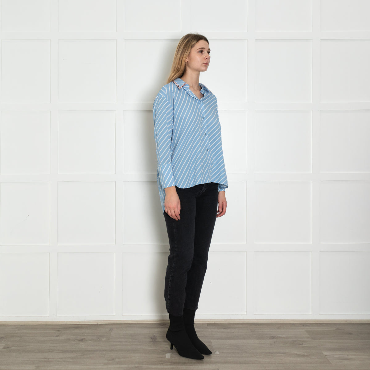 Essentiel Antwerp Blue Stripe Leopard Trim Shirt